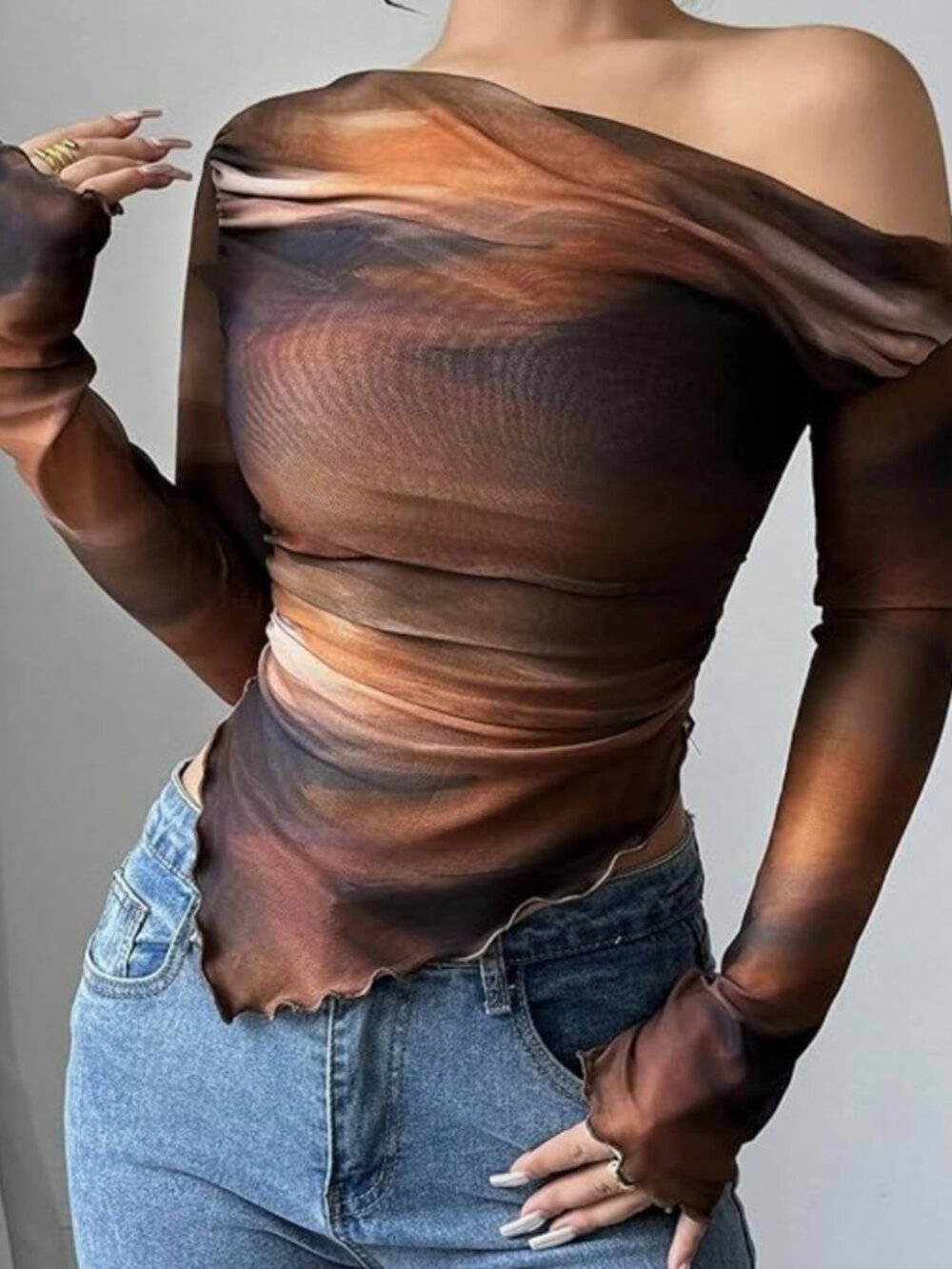 Off Shoulder Tie Dye Mesh Top